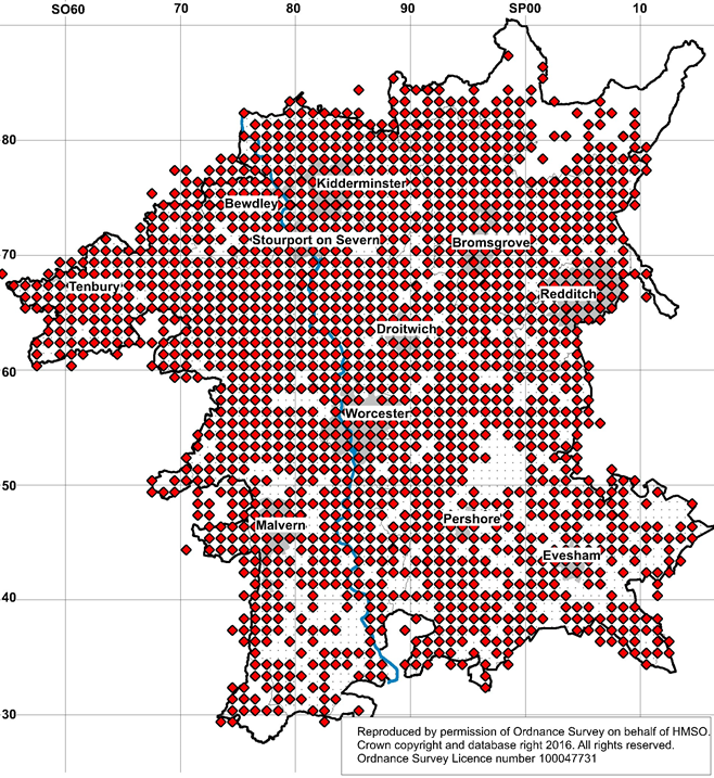 Map displaying Worcestershire mammal records collected during the Mammal Atlas survey period